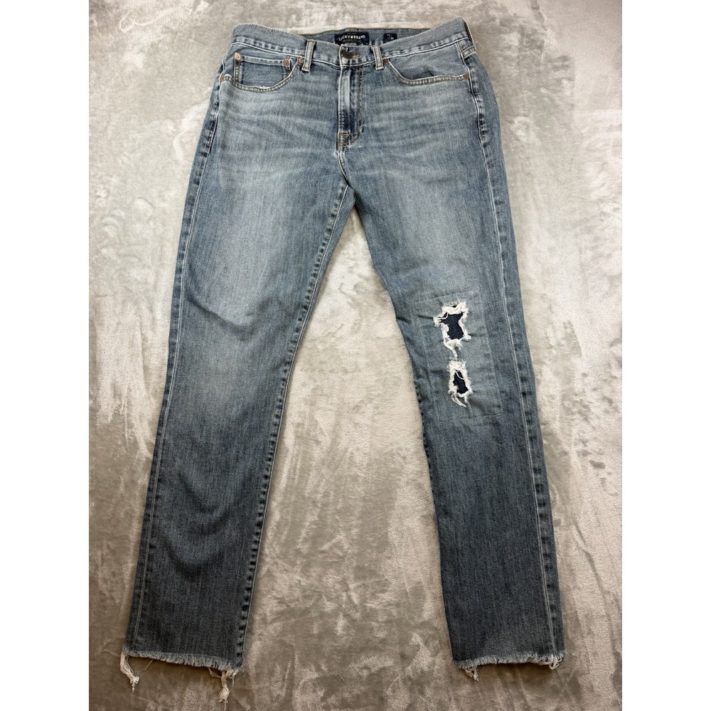 Lucky Brand Jeans Mens 32x32 121 Heritage Slim Med Wash Distressed Blue Raw Hem‎